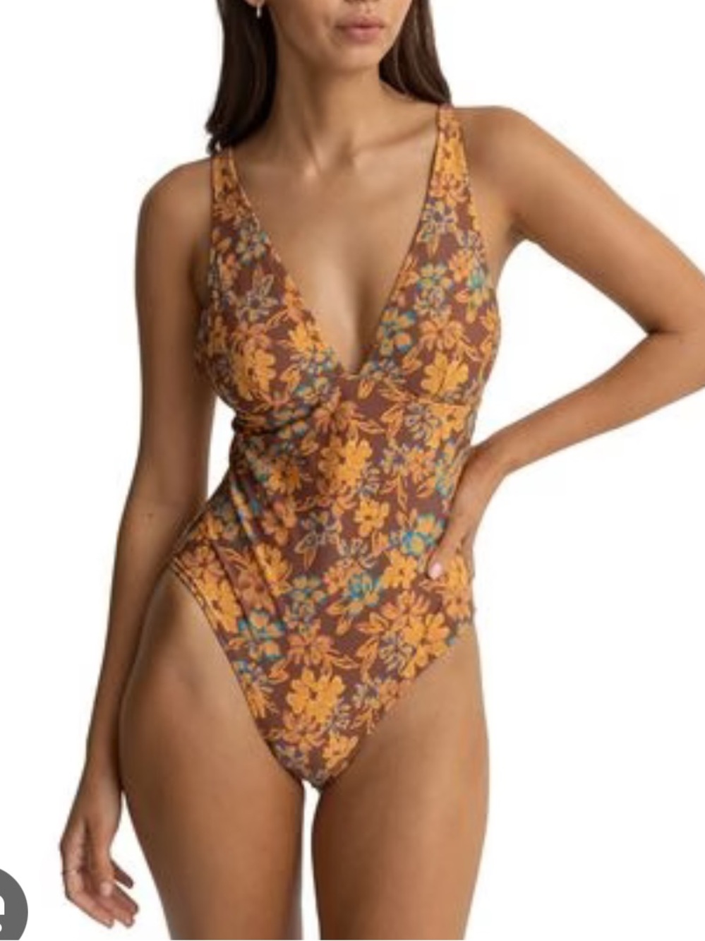 Rhythm. Brown Floral One-Piece Swimsuit with Yellow and Teal Flowers